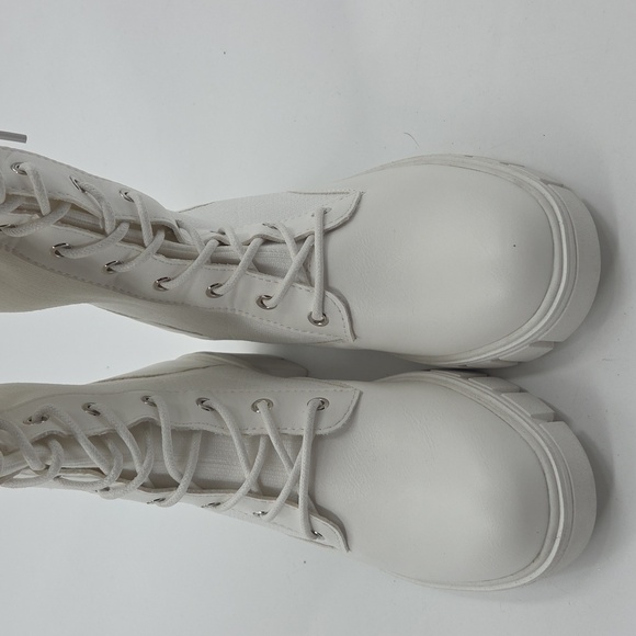 Women's White Knee-High Lace-Up Boots PU and Knit Material New - Picture 9 of 16